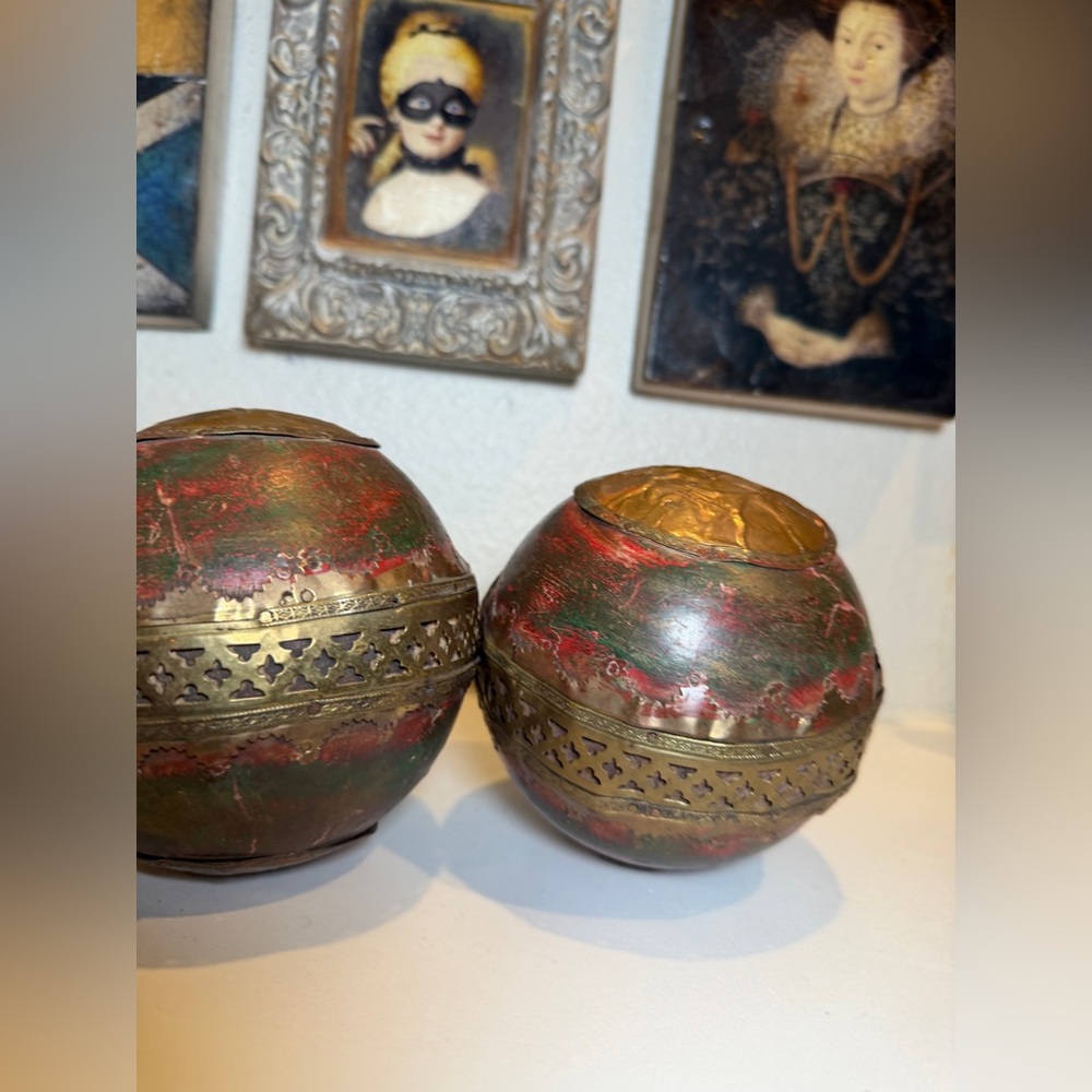 Vintage Hand-Painted Metal Decorative Spheres – Pair‎